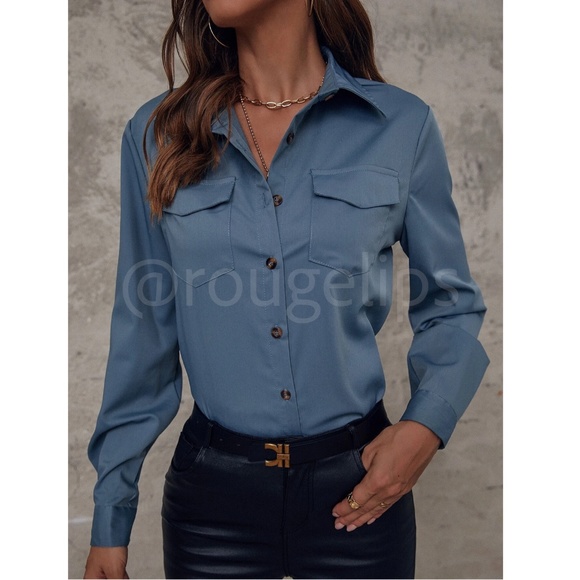 Blue Casual Button Up / Down Shirt Collar, V-Neck Button Front Long Sleeve - Picture 2 of 10